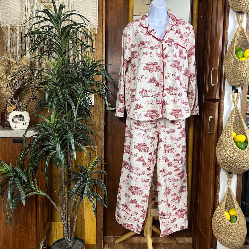Portuguese Flannel Pajama Set Womens L Red Toile Deer Print Cotton Button Front